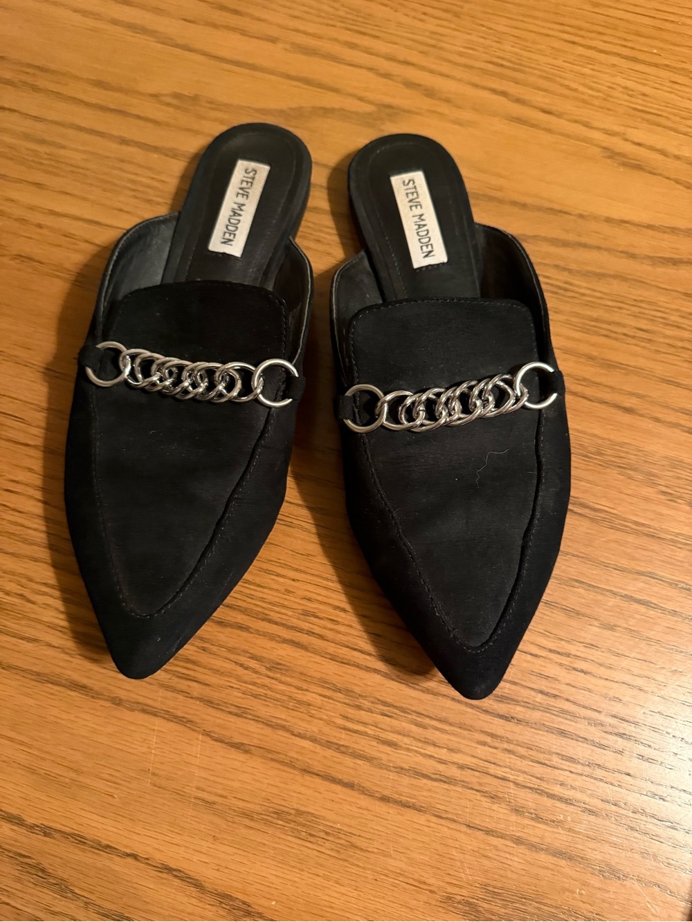 Steve Madden Black Pointed Slip-On Mules with Silver Chain